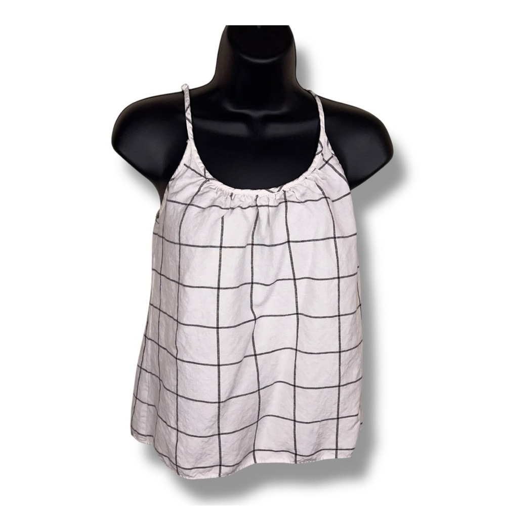 Petite Small Linen Ann Taylor Loft Tank White Grey Plaid Adjustable Straps